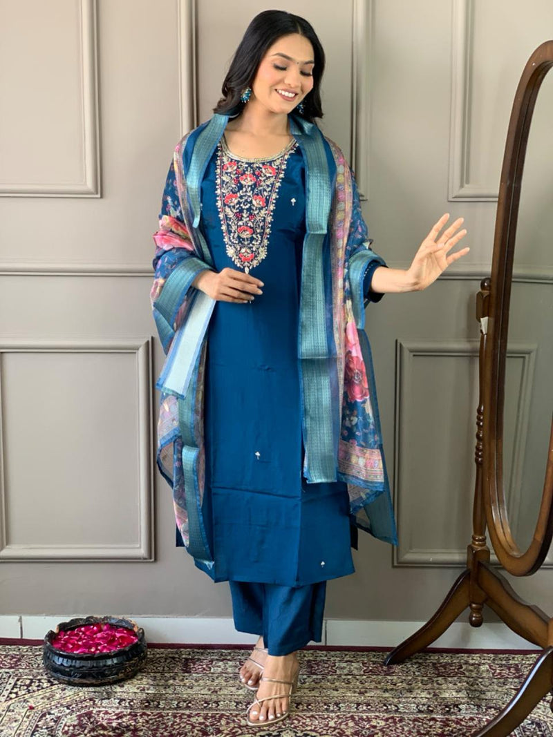 Navy Blue Georgette Kurti Set with Jacquard Butti Dupatta