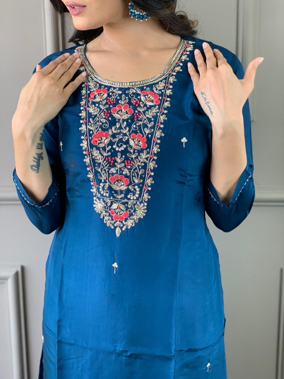 Navy Blue Georgette Kurti Set with Jacquard Butti Dupatta