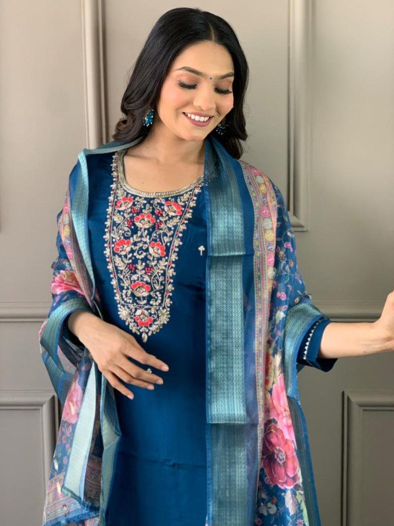 Navy Blue Georgette Kurti Set with Jacquard Butti Dupatta