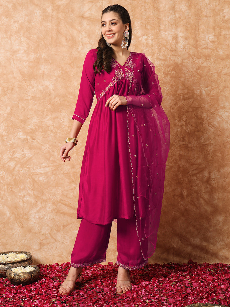 Wine Vichitra Silk Kurti Set with Organza Dupatta