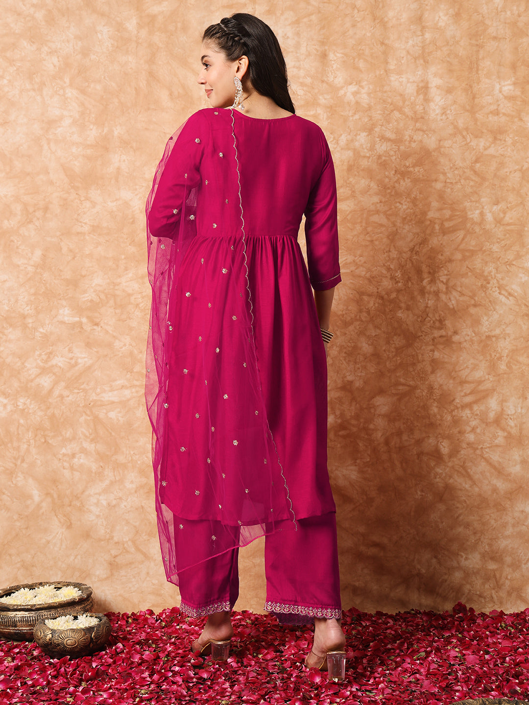 Wine Vichitra Silk Kurti Set with Organza Dupatta