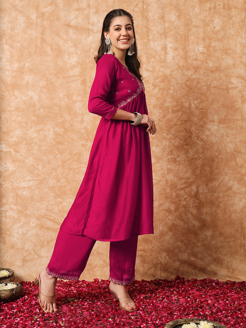 Wine Vichitra Silk Kurti Set with Organza Dupatta