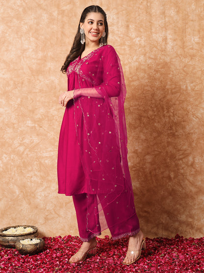 Wine Vichitra Silk Kurti Set with Organza Dupatta