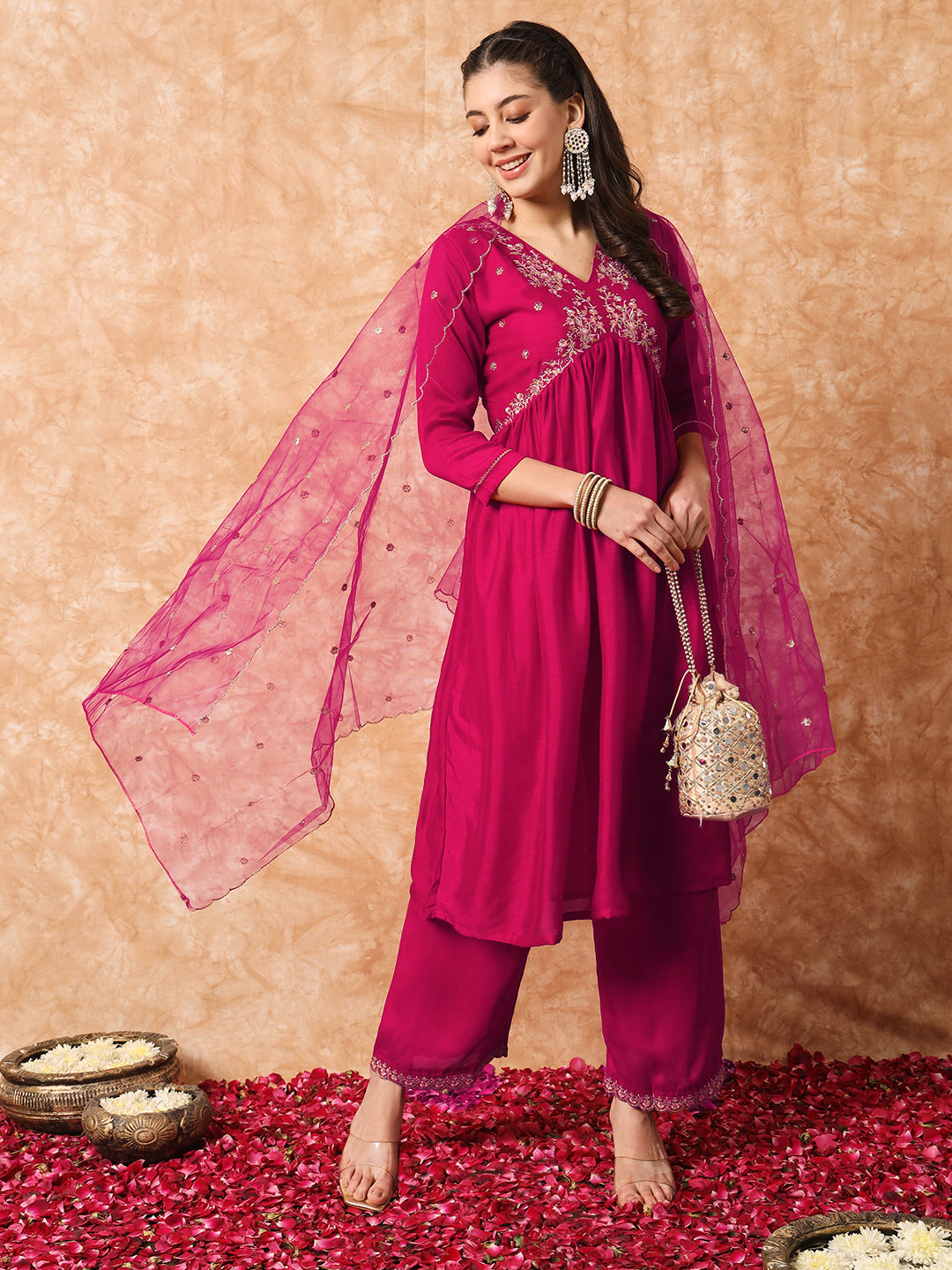 Wine Vichitra Silk Kurti Set with Organza Dupatta