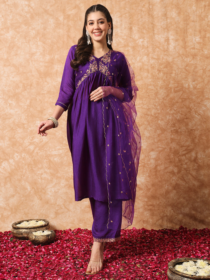 Royal Purple Vichitra Silk Kurti Set with Organza Dupatta