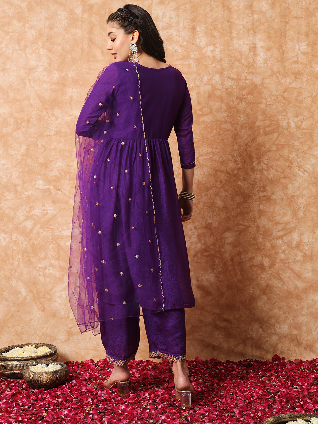 Royal Purple Vichitra Silk Kurti Set with Organza Dupatta