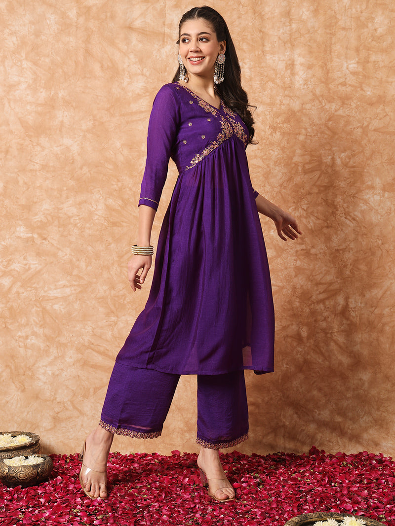 Royal Purple Vichitra Silk Kurti Set with Organza Dupatta