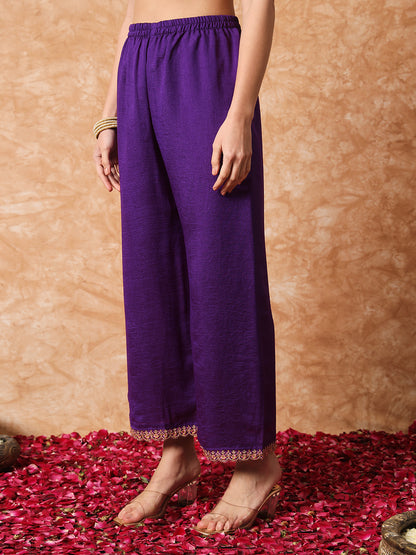 Royal Purple Vichitra Silk Kurti Set with Organza Dupatta