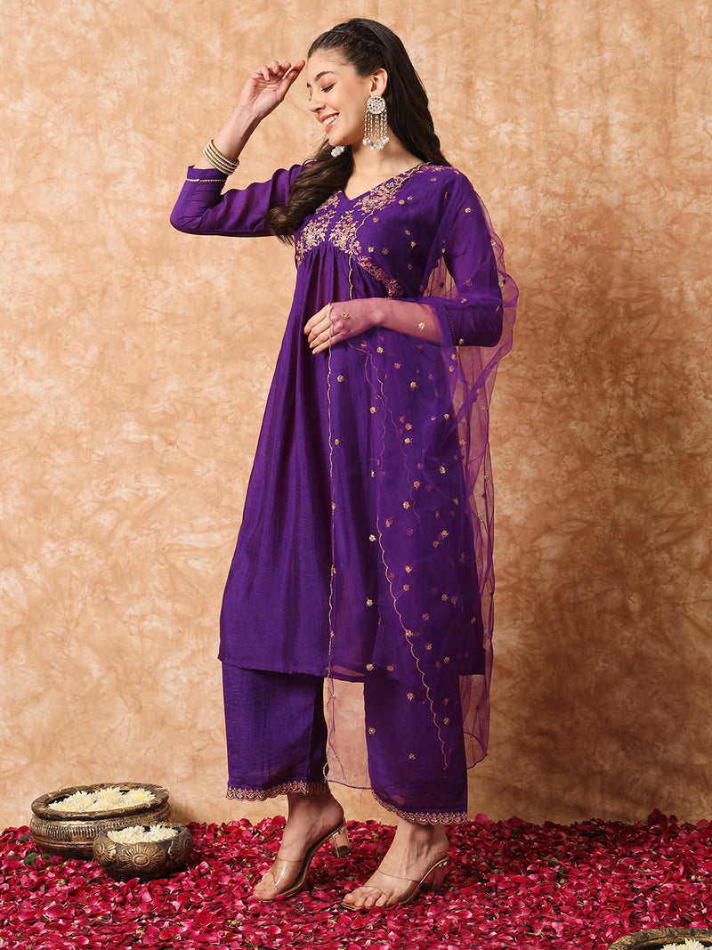 Royal Purple Vichitra Silk Kurti Set with Organza Dupatta
