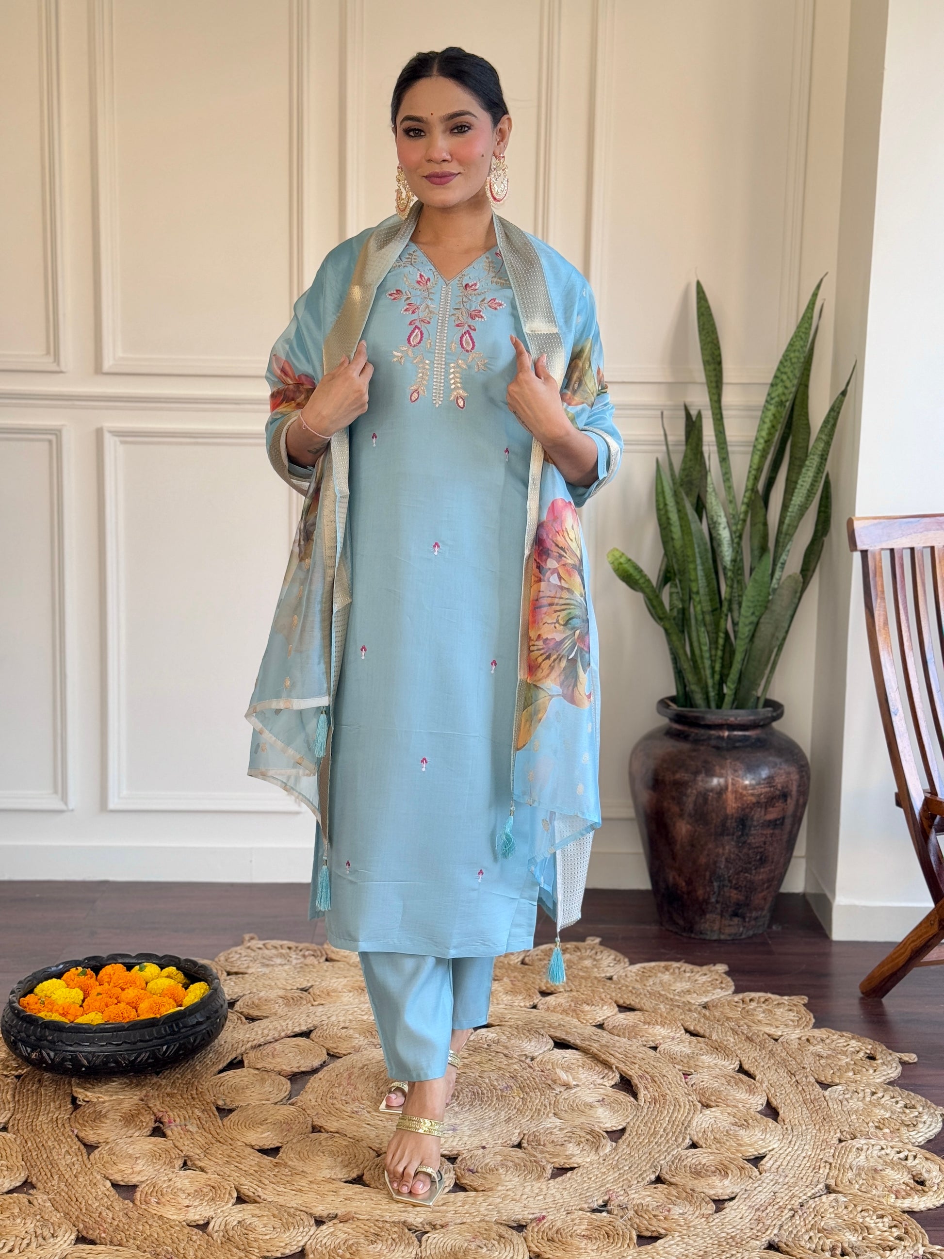 Sky Blue Viscose Chanderi Kurti Set with Jacquard Butti Dupatta