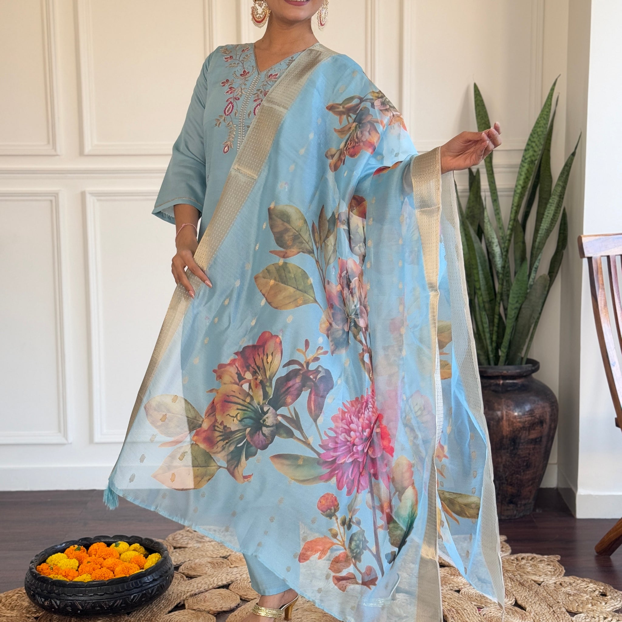 Sky Blue Viscose Chanderi Kurti Set with Jacquard Butti Dupatta