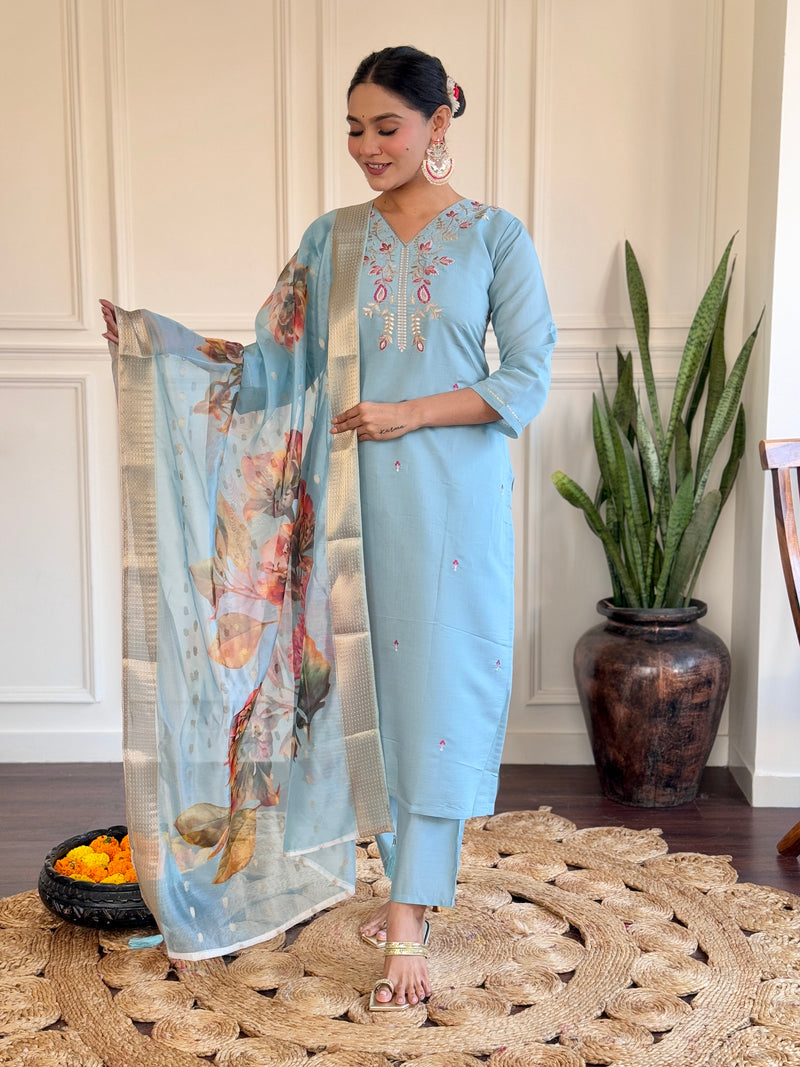 Sky Blue Viscose Chanderi Kurti Set with Jacquard Butti Dupatta