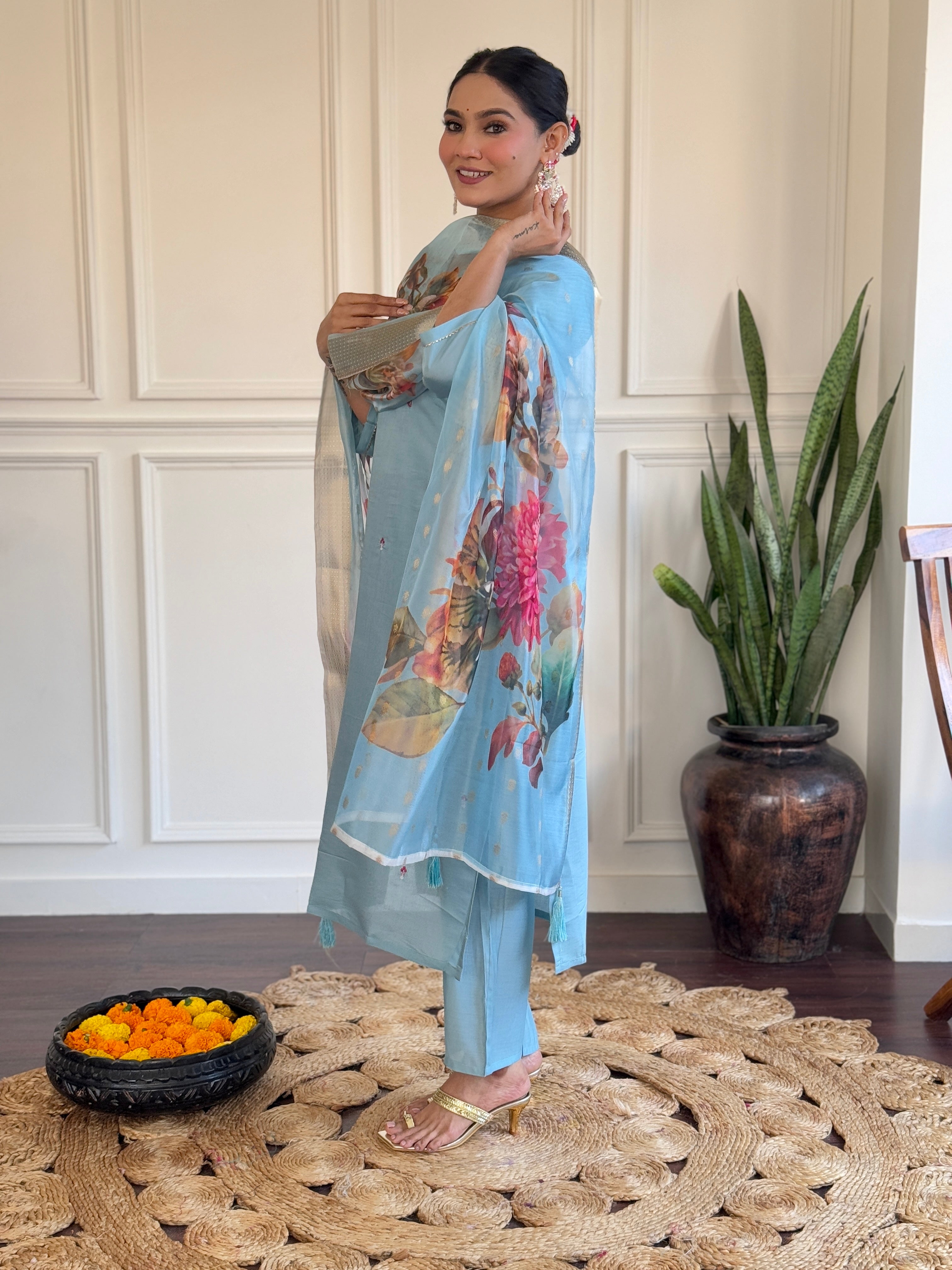 Sky Blue Viscose Chanderi Kurti Set with Jacquard Butti Dupatta