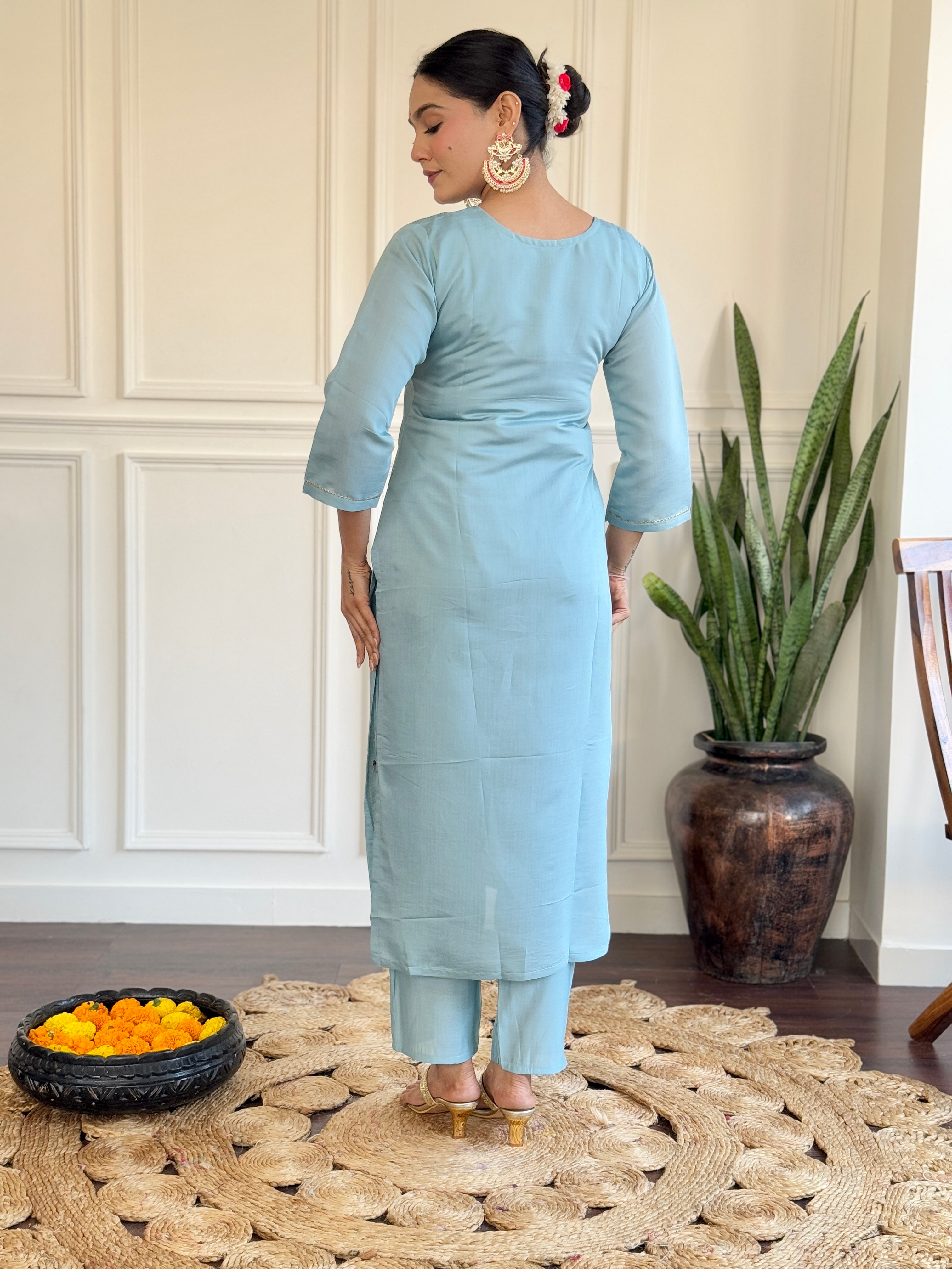 Sky Blue Viscose Chanderi Kurti Set with Jacquard Butti Dupatta