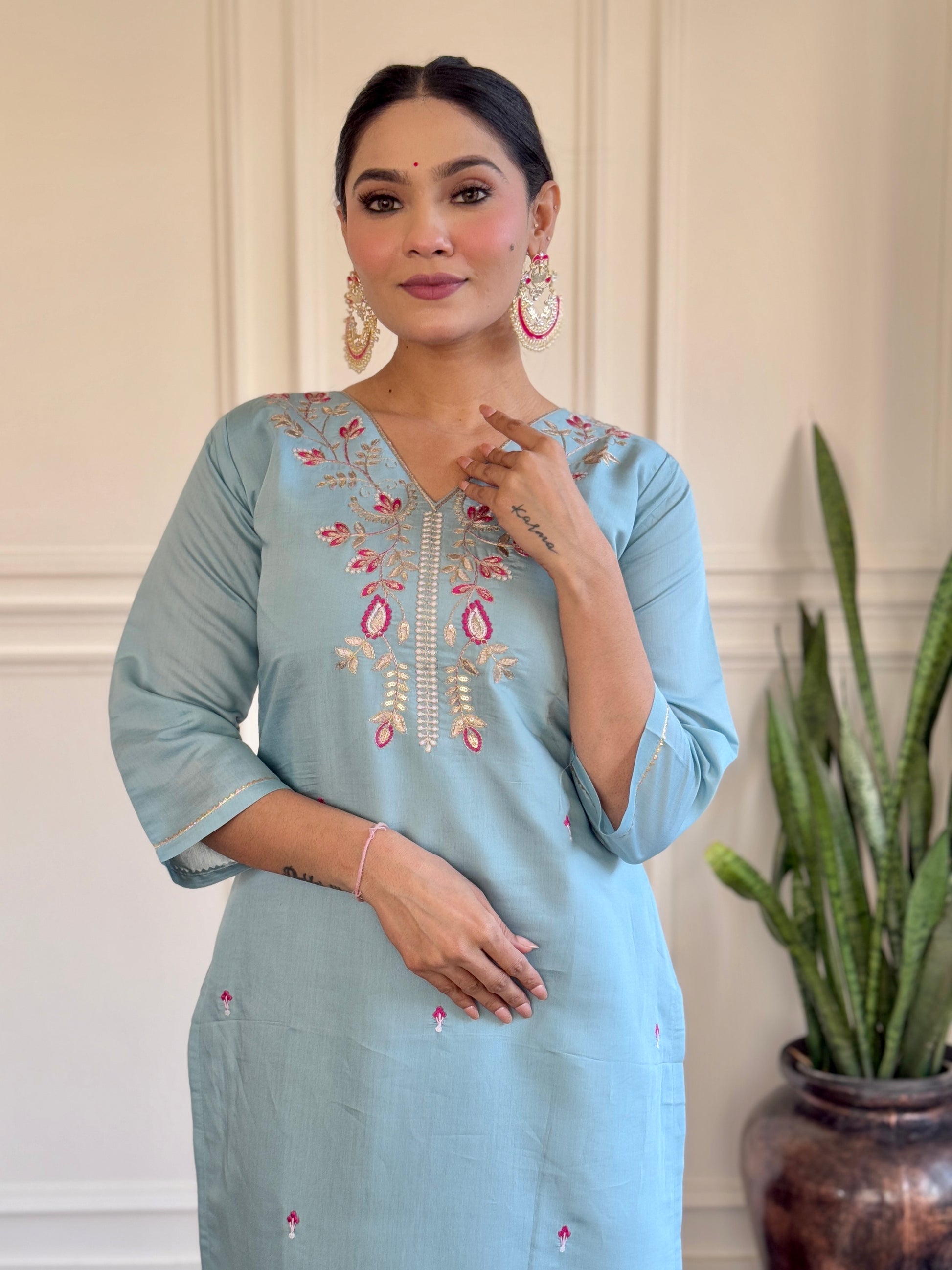 Sky Blue Viscose Chanderi Kurti Set with Jacquard Butti Dupatta