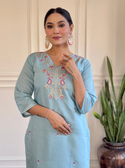 Sky Blue Viscose Chanderi Kurti Set with Jacquard Butti Dupatta