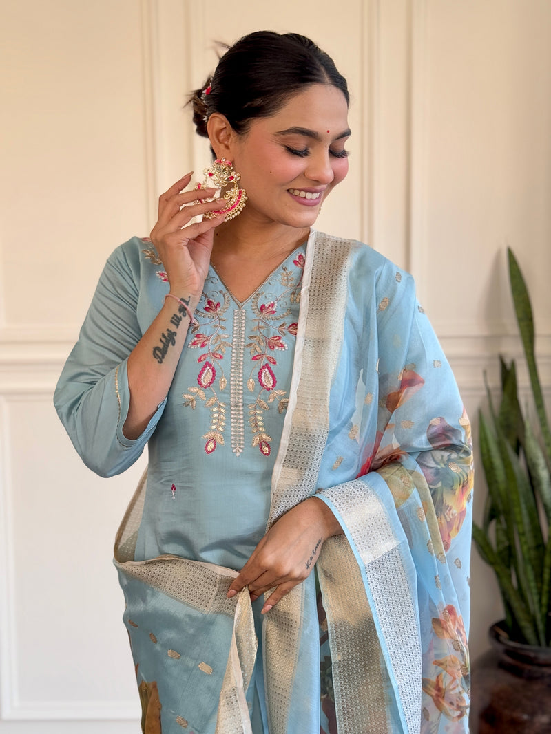 Sky Blue Viscose Chanderi Kurti Set with Jacquard Butti Dupatta