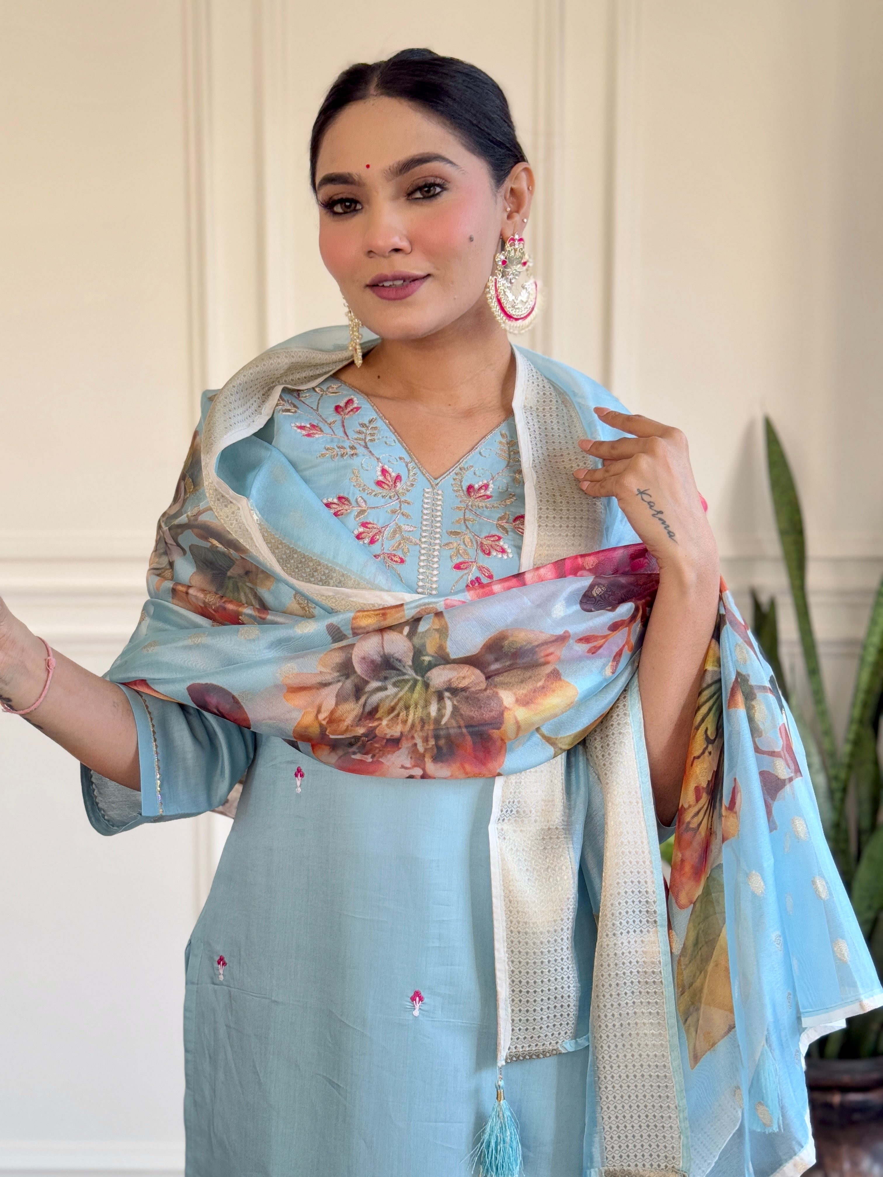 Sky Blue Viscose Chanderi Kurti Set with Jacquard Butti Dupatta