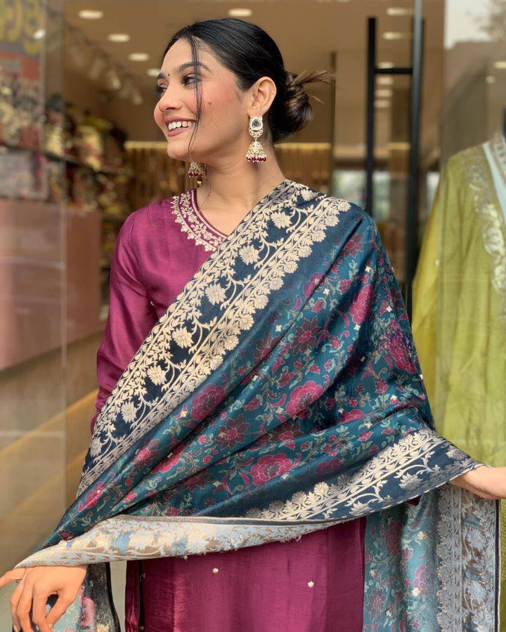 Wine Viscose Rayon Kurti Set with Jacquard Dupatta