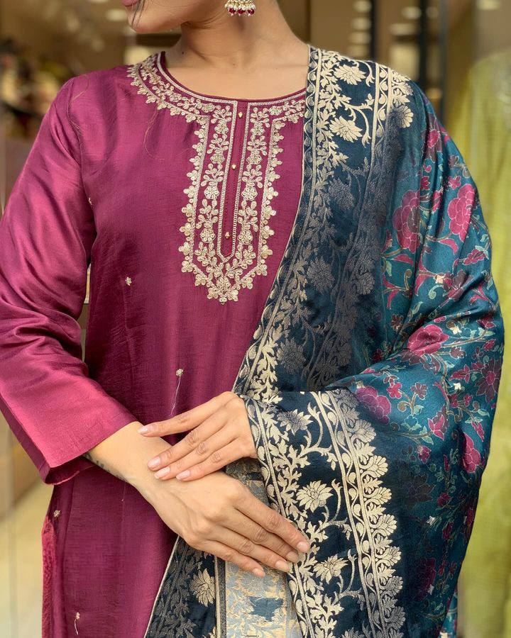 Wine Viscose Rayon Kurti Set with Jacquard Dupatta
