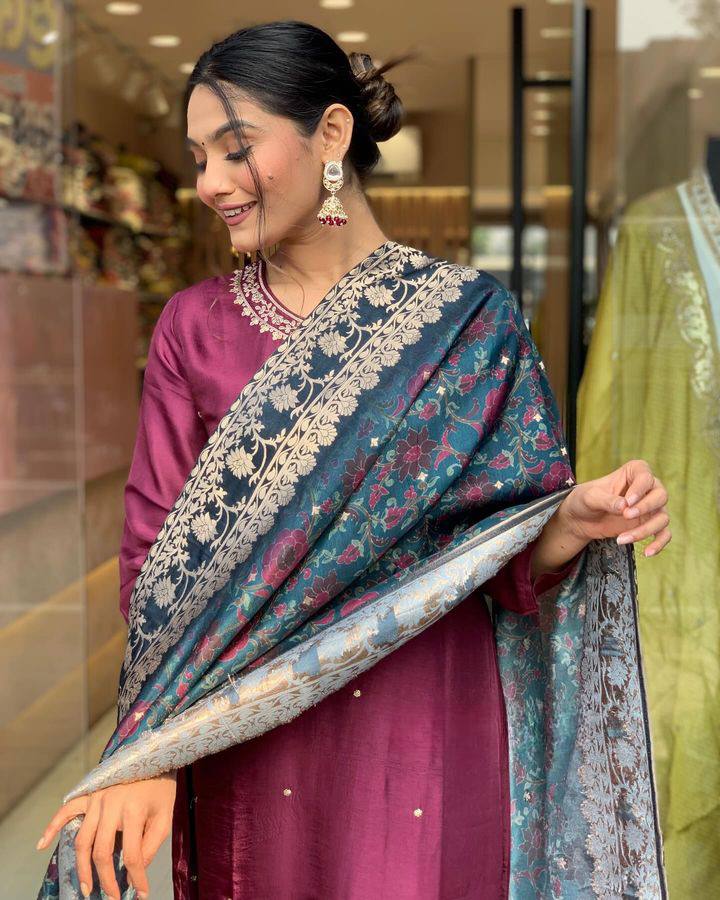 Wine Viscose Rayon Kurti Set with Jacquard Dupatta