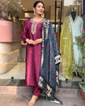 Wine Viscose Rayon Kurti Set with Jacquard Dupatta