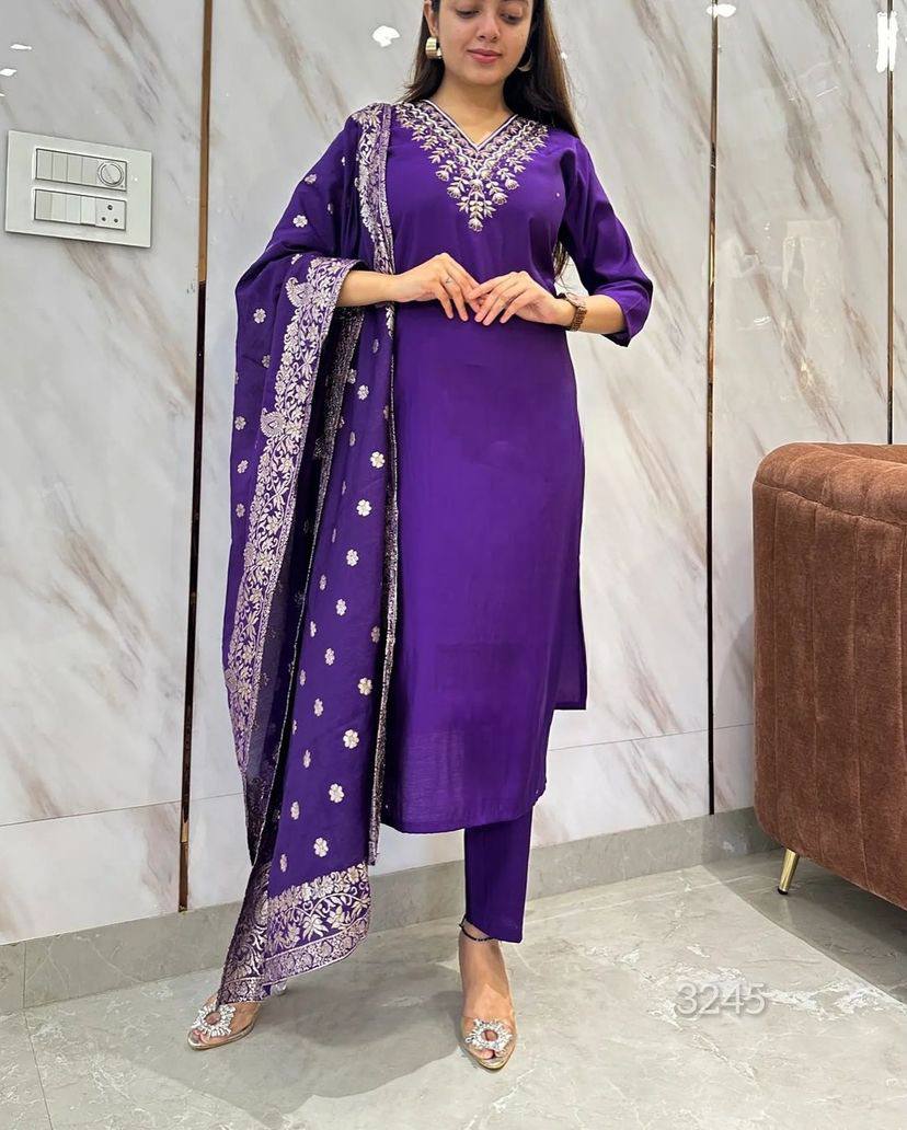 Royal Blue Viscose Rayon Kurti Set with Jacquard Dupatta