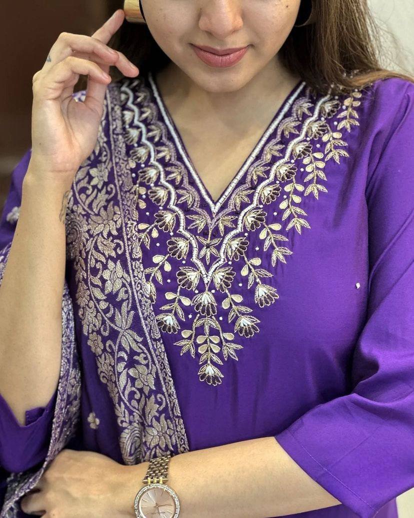 Royal Blue Viscose Rayon Kurti Set with Jacquard Dupatta