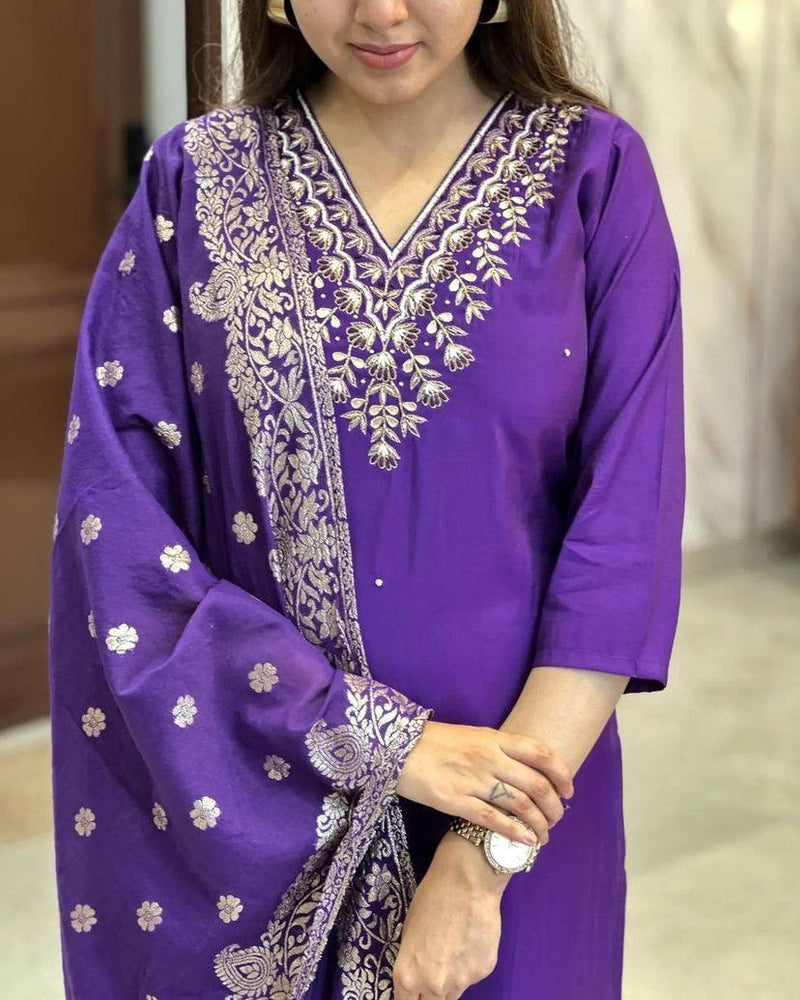 Royal Blue Viscose Rayon Kurti Set with Jacquard Dupatta