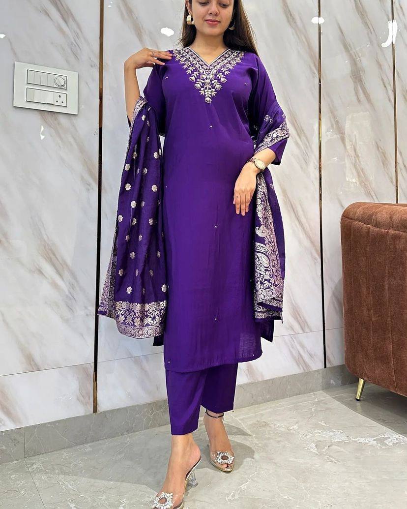 Royal Blue Viscose Rayon Kurti Set with Jacquard Dupatta