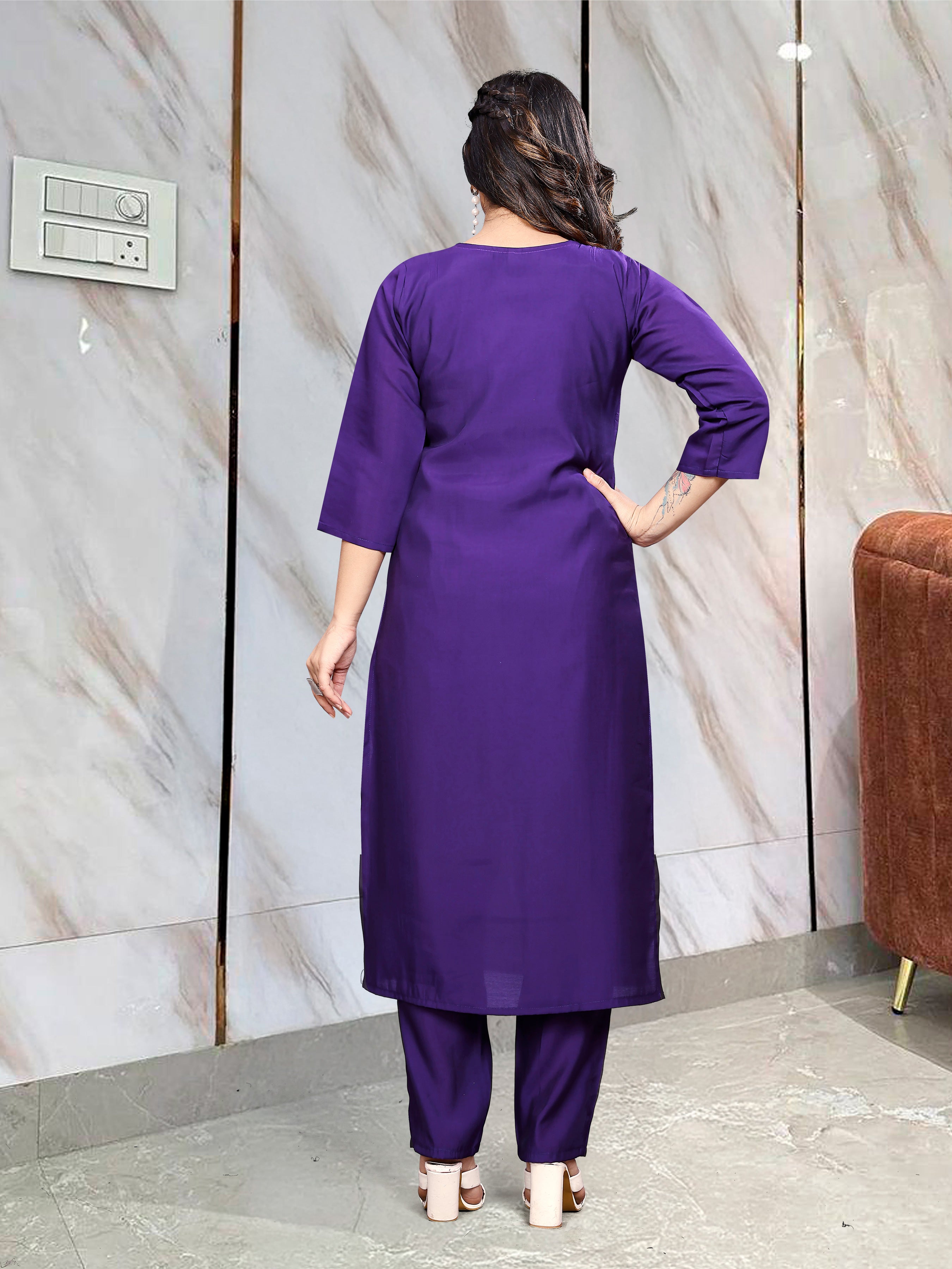 Royal Blue Viscose Rayon Kurti Set with Jacquard Dupatta