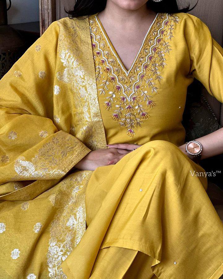 Yellow Viscose Rayon Kurti Set with Jacquard Dupatta