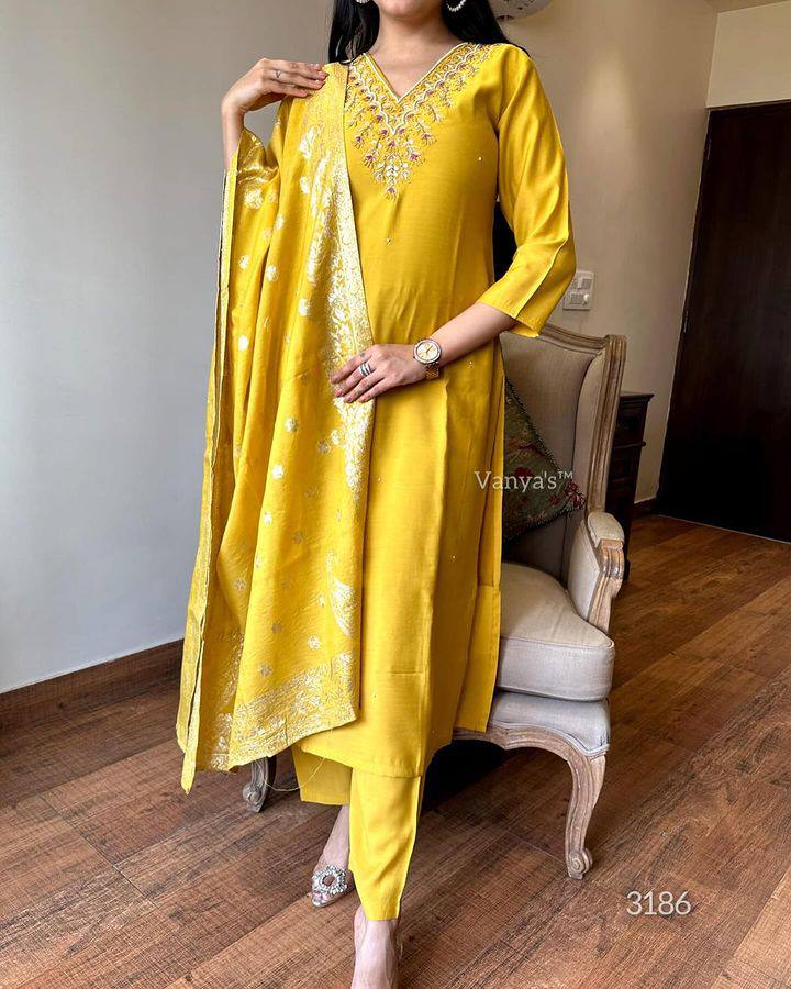 Yellow Viscose Rayon Kurti Set with Jacquard Dupatta