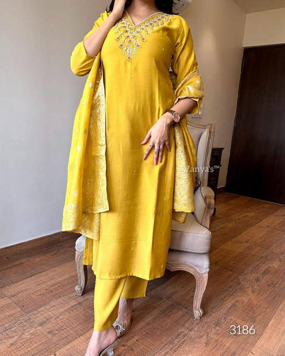 Yellow Viscose Rayon Kurti Set with Jacquard Dupatta