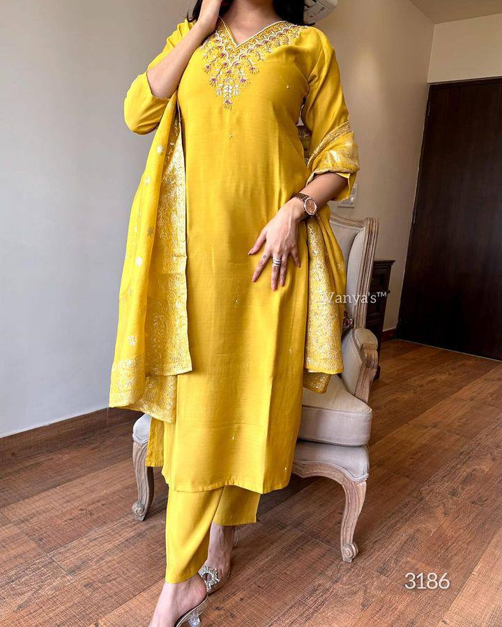 Yellow Viscose Rayon Kurti Set with Jacquard Dupatta
