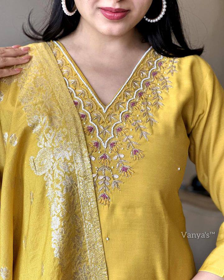 Yellow Viscose Rayon Kurti Set with Jacquard Dupatta