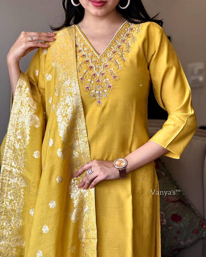 Yellow Viscose Rayon Kurti Set with Jacquard Dupatta