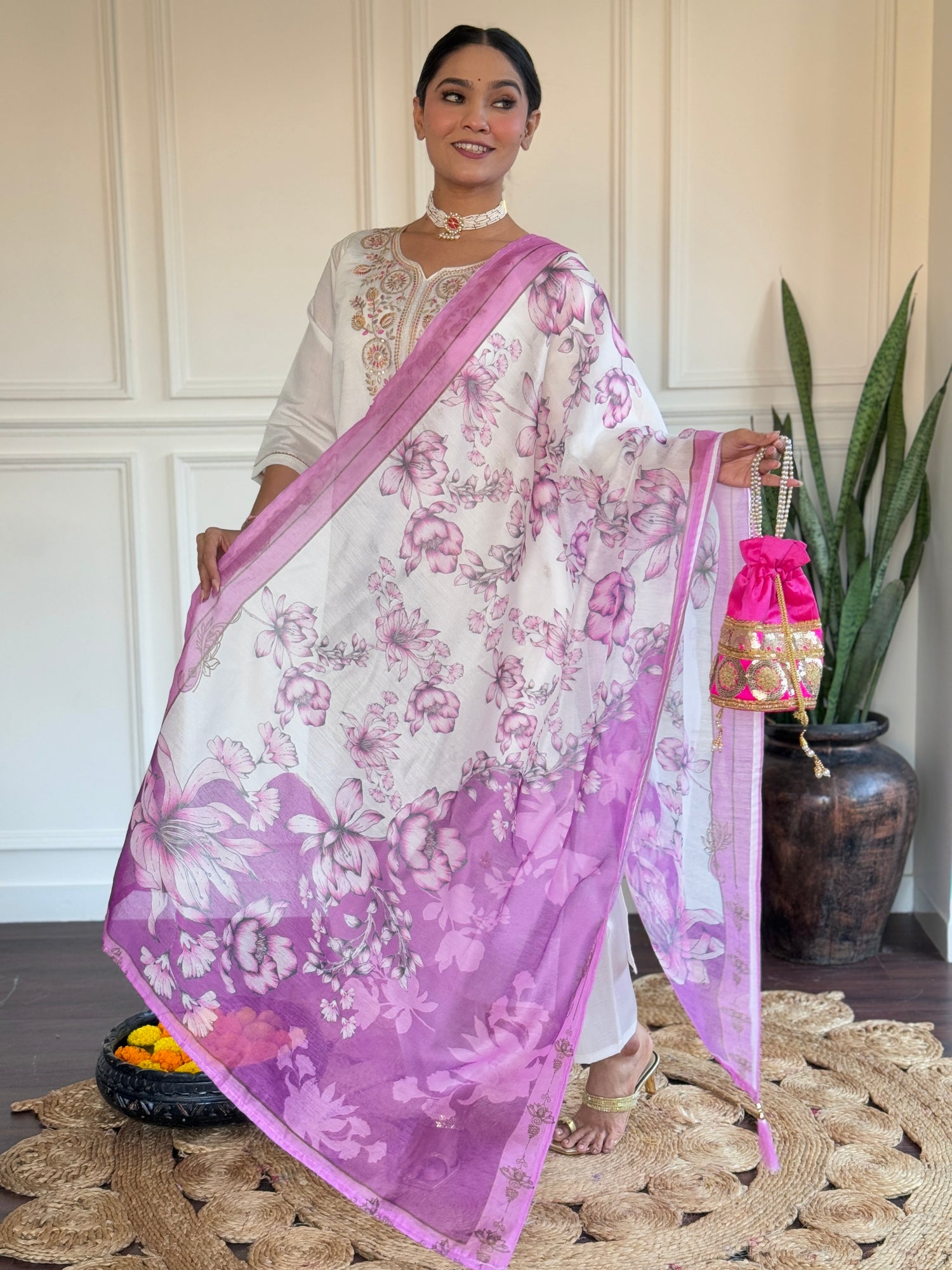 White &amp; Pink Viscose Chanderi Kurti Set with Silk Dupatta