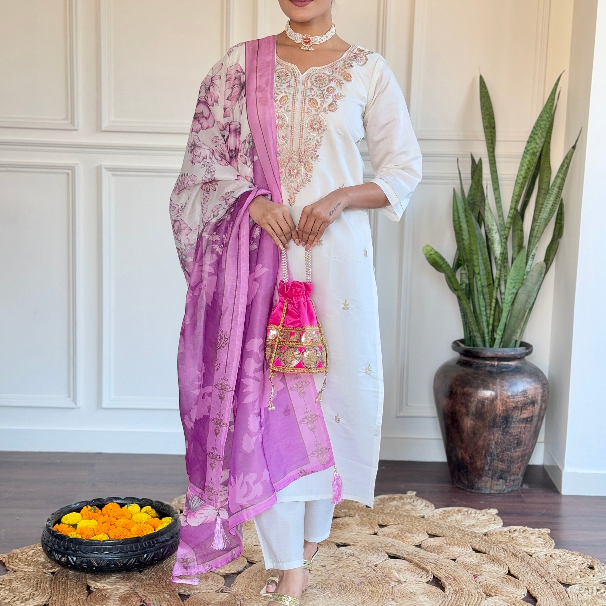 White & Pink Viscose Chanderi Kurti Set with Silk Dupatta