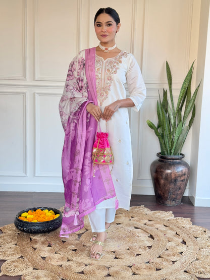 White &amp; Pink Viscose Chanderi Kurti Set with Silk Dupatta