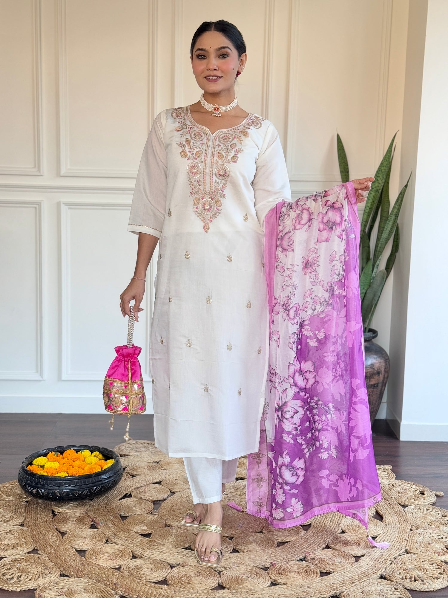 White &amp; Pink Viscose Chanderi Kurti Set with Silk Dupatta