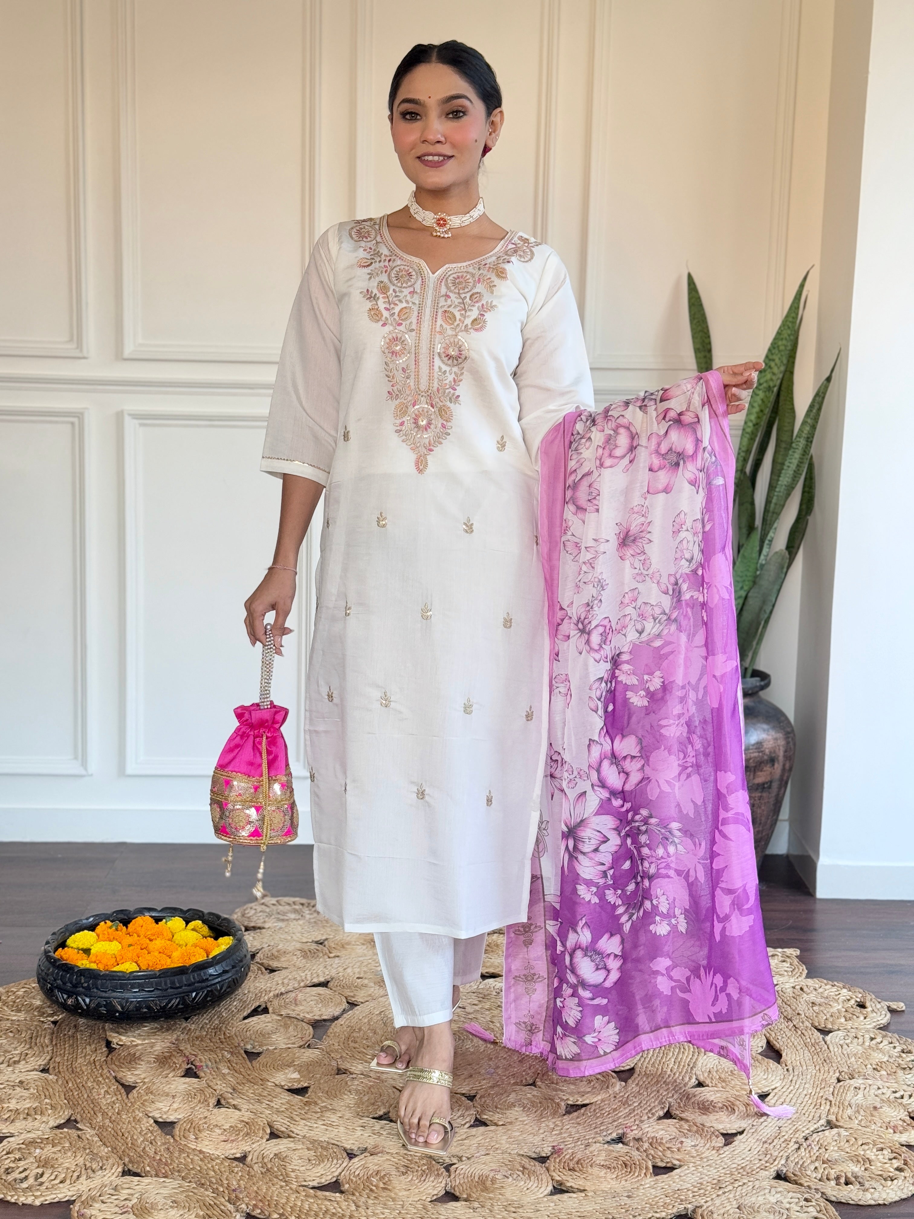 White & Pink Viscose Chanderi Kurti Set with Silk Dupatta