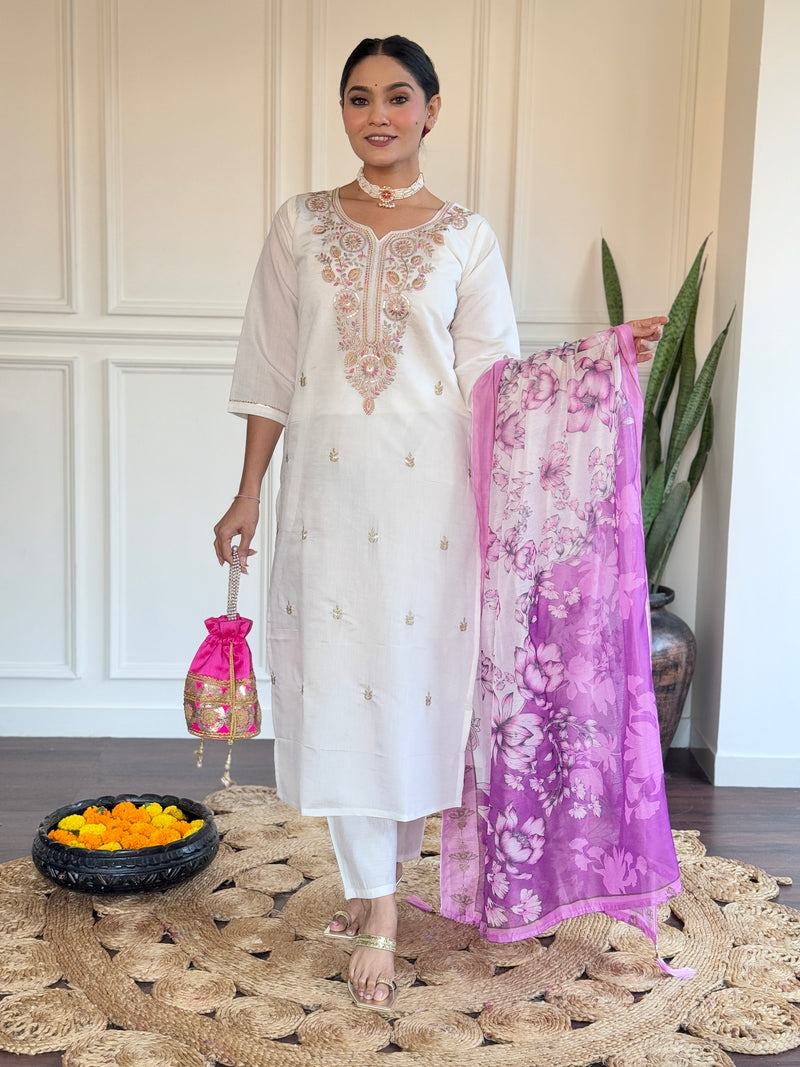 White & Pink Viscose Chanderi Kurti Set with Silk Dupatta