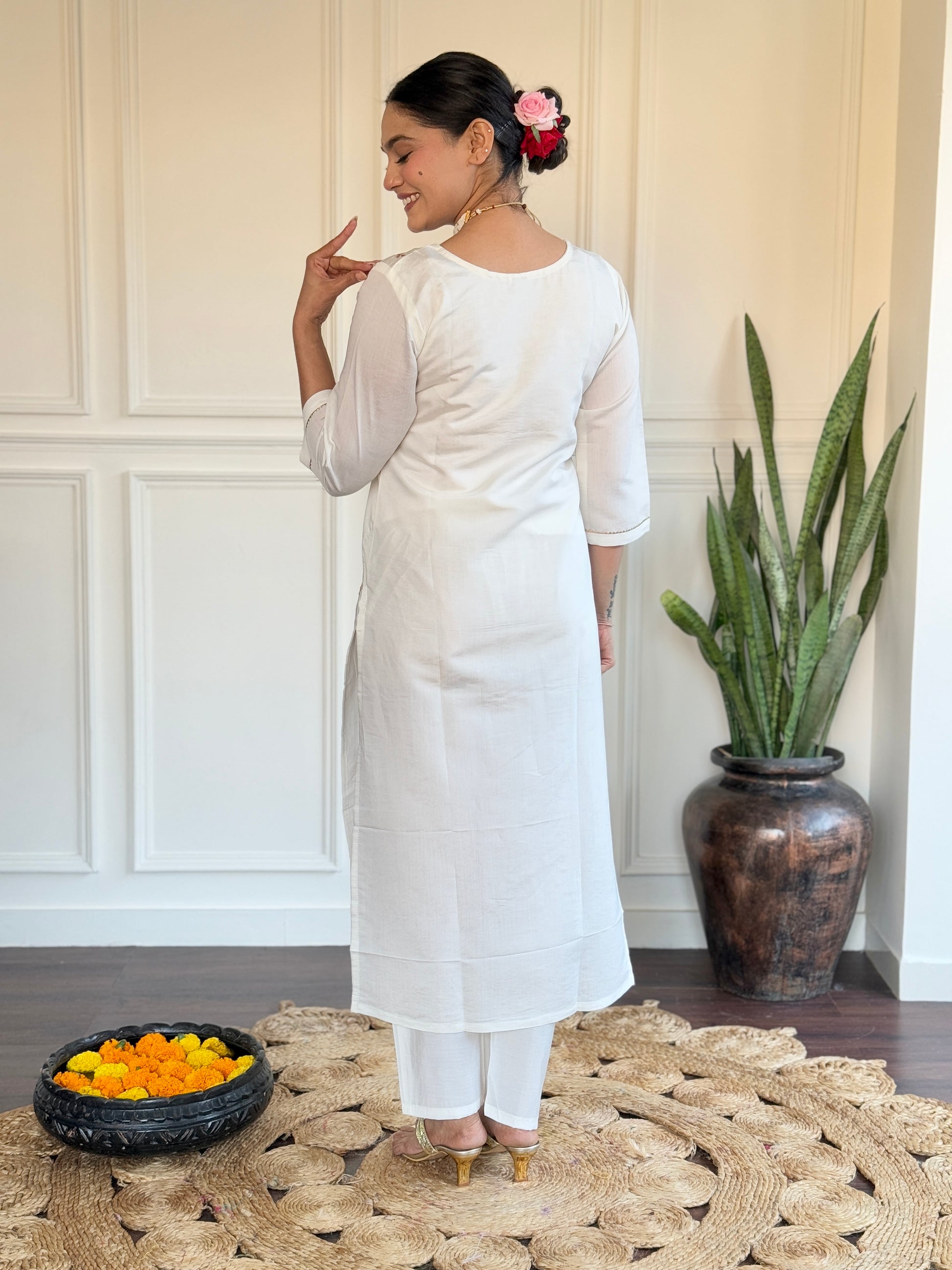 White & Pink Viscose Chanderi Kurti Set with Silk Dupatta