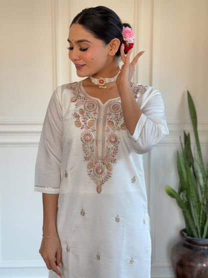 White &amp; Pink Viscose Chanderi Kurti Set with Silk Dupatta