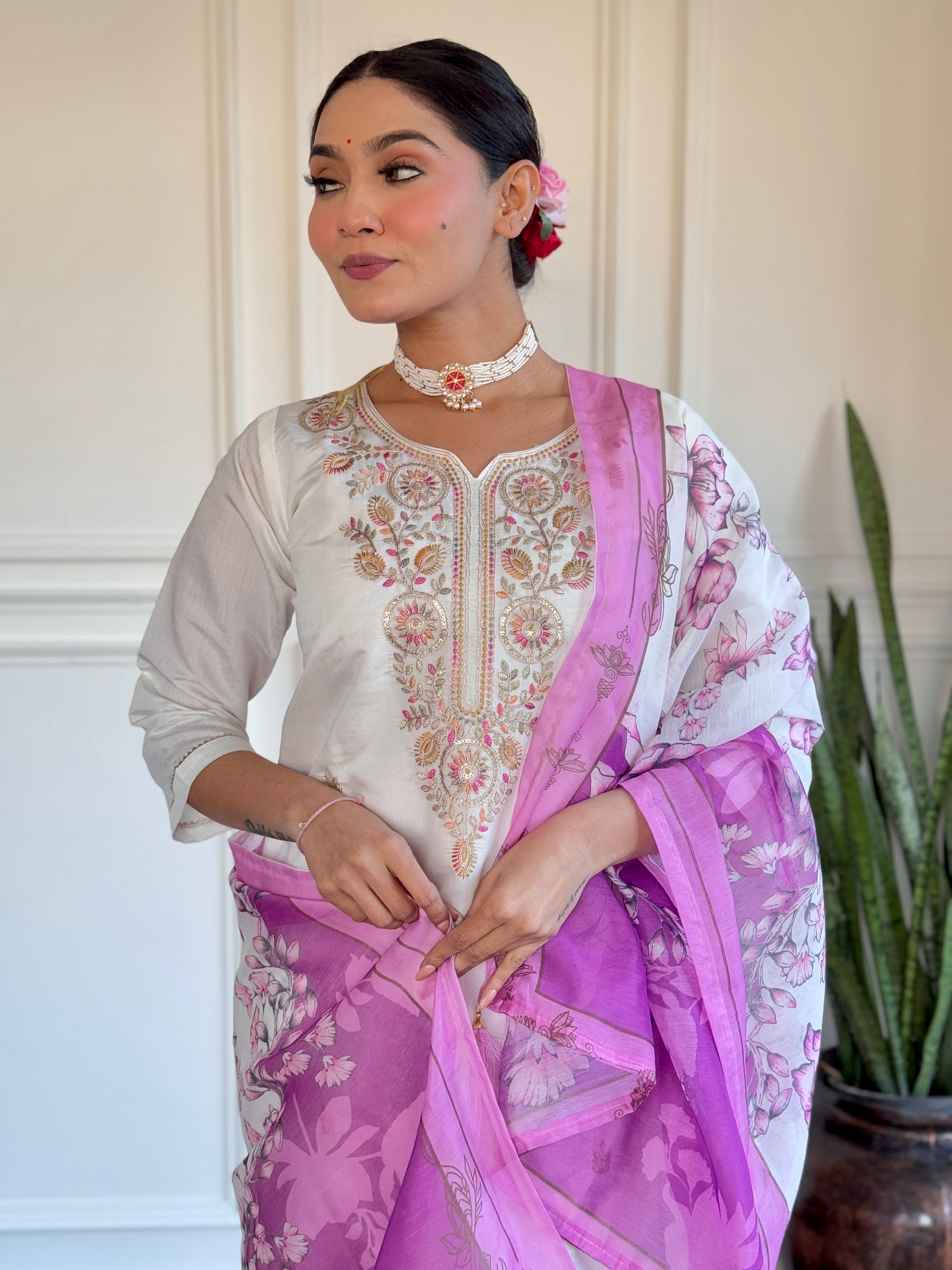 White & Pink Viscose Chanderi Kurti Set with Silk Dupatta