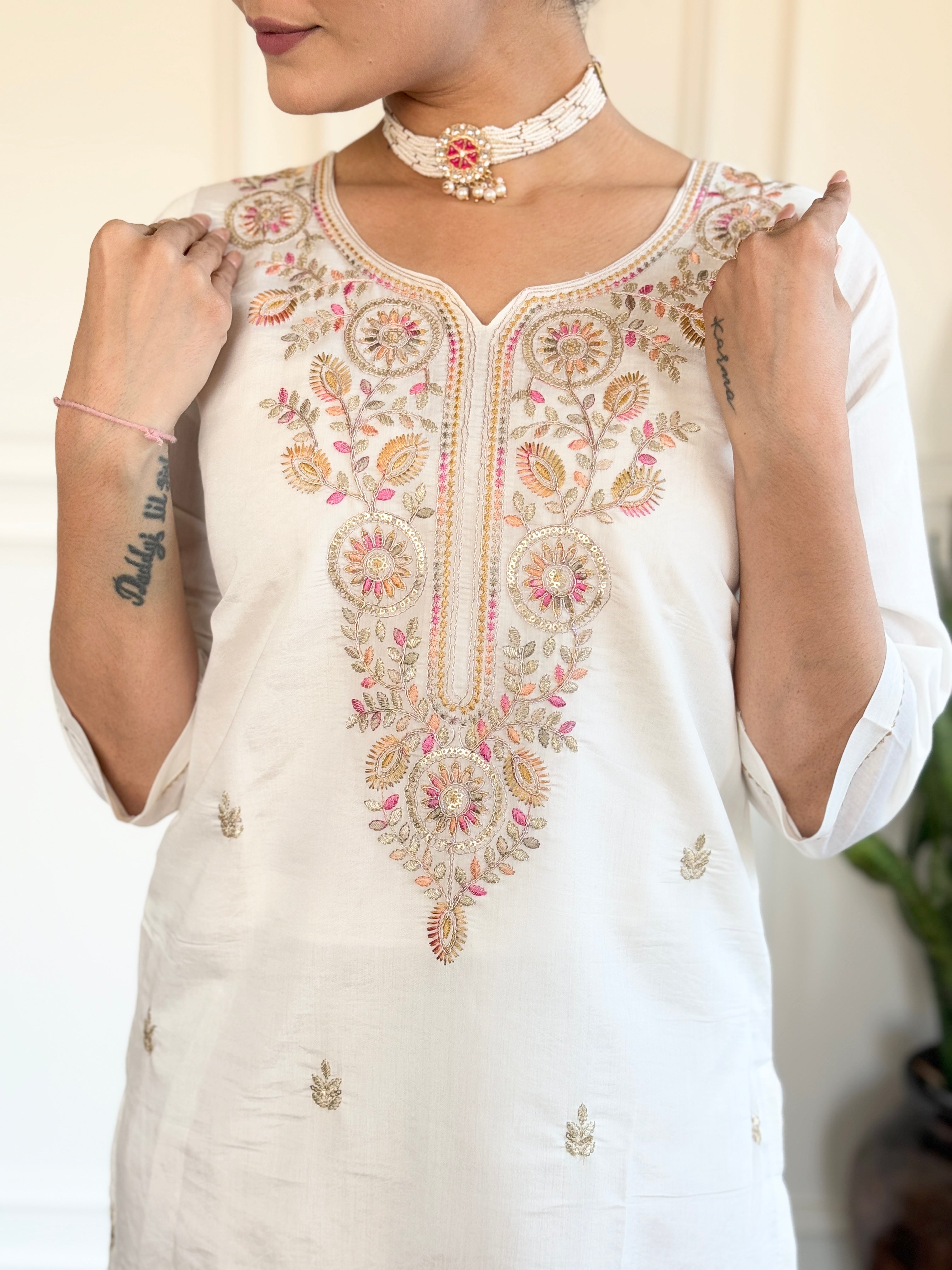 White & Pink Viscose Chanderi Kurti Set with Silk Dupatta