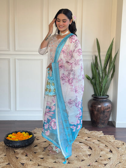 White &amp; Blue Chanderi Kurti Set with Floral Print Silk Dupatta