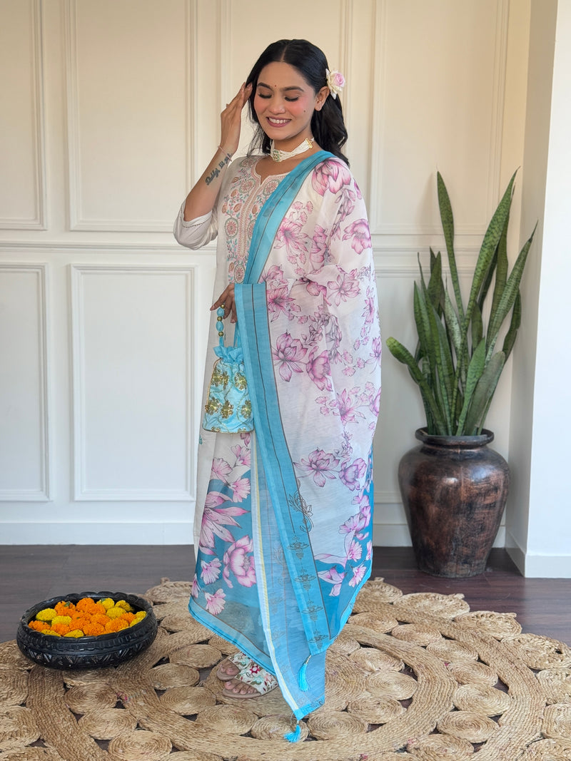 White & Blue Chanderi Kurti Set with Floral Print Silk Dupatta