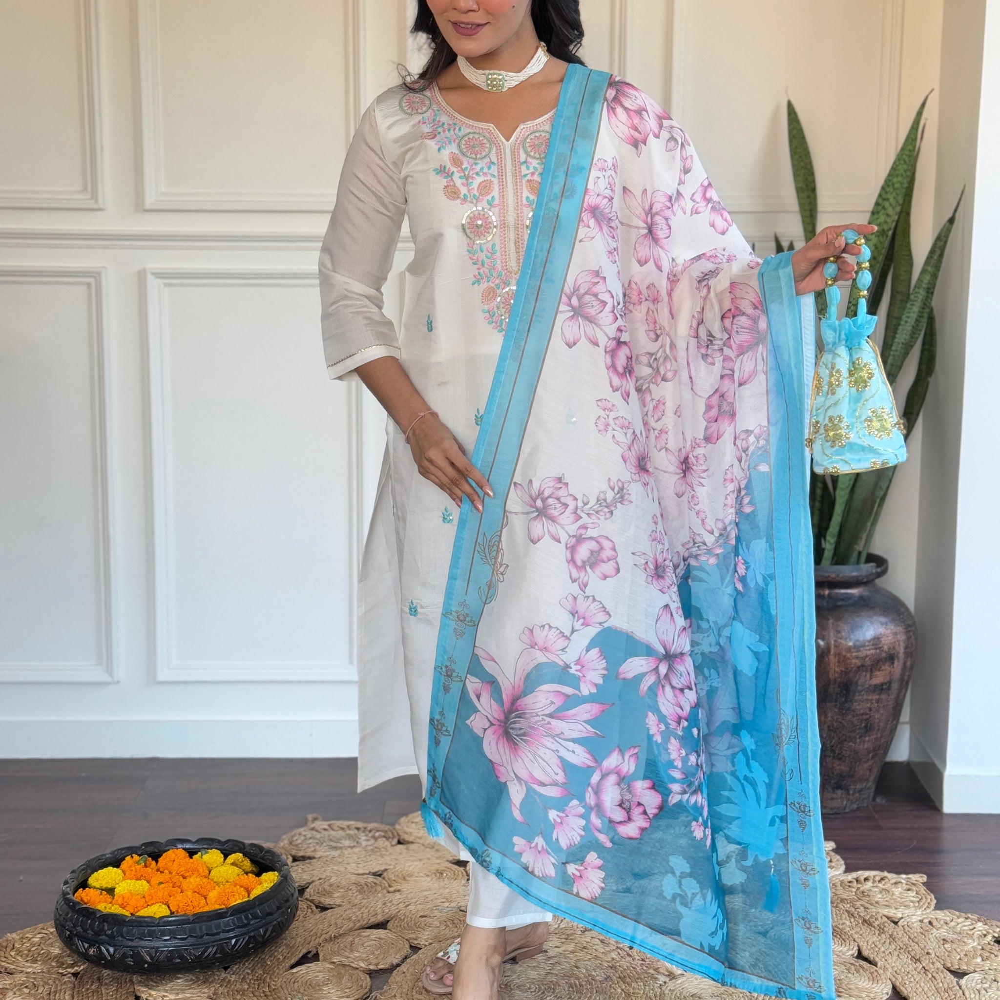 White & Blue Chanderi Kurti Set with Floral Print Silk Dupatta